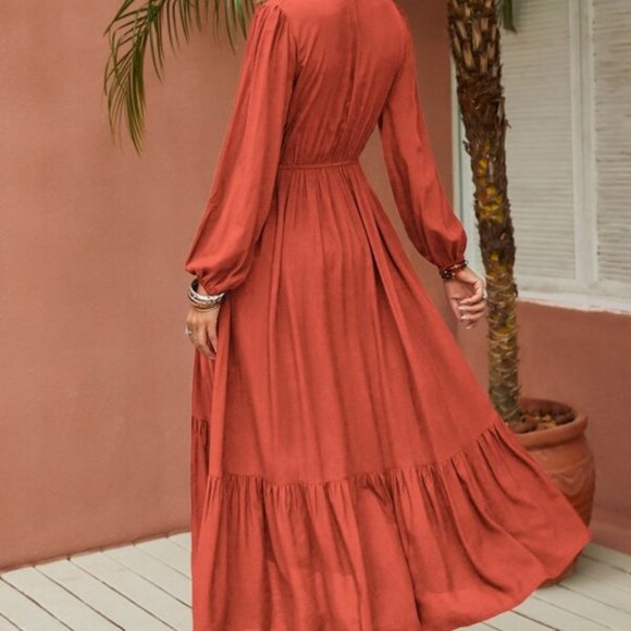 burnt Orange Flower Embroidered Ruffle Hem Dress - Picture 6 of 7